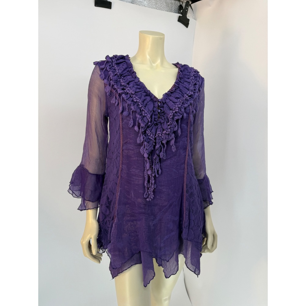 Y2K Whimsigoth Deep Purple Ruffle Tunic Blouse Silk Neck Tie Bow Lace Top Large